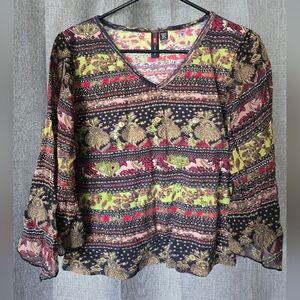 Vtg Y2k Tease Floral Striped Fairy Top Sz M Flared Sheer Wizard Sleeve Beaded